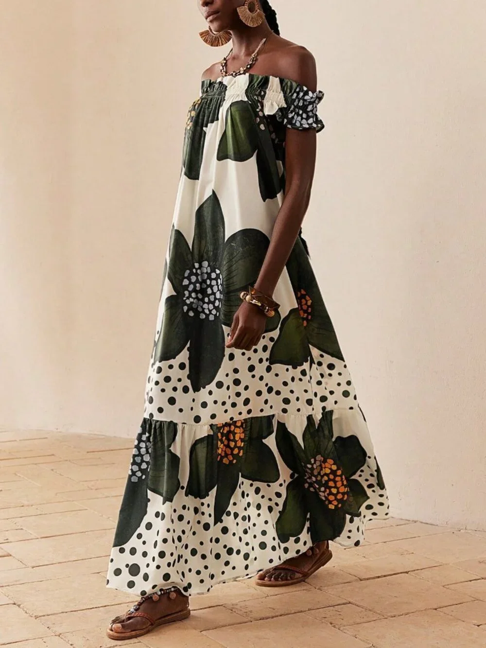 Multicolor Boho Women's Floral Print Off-Shoulder maxi Dress - Picture 3 of 7